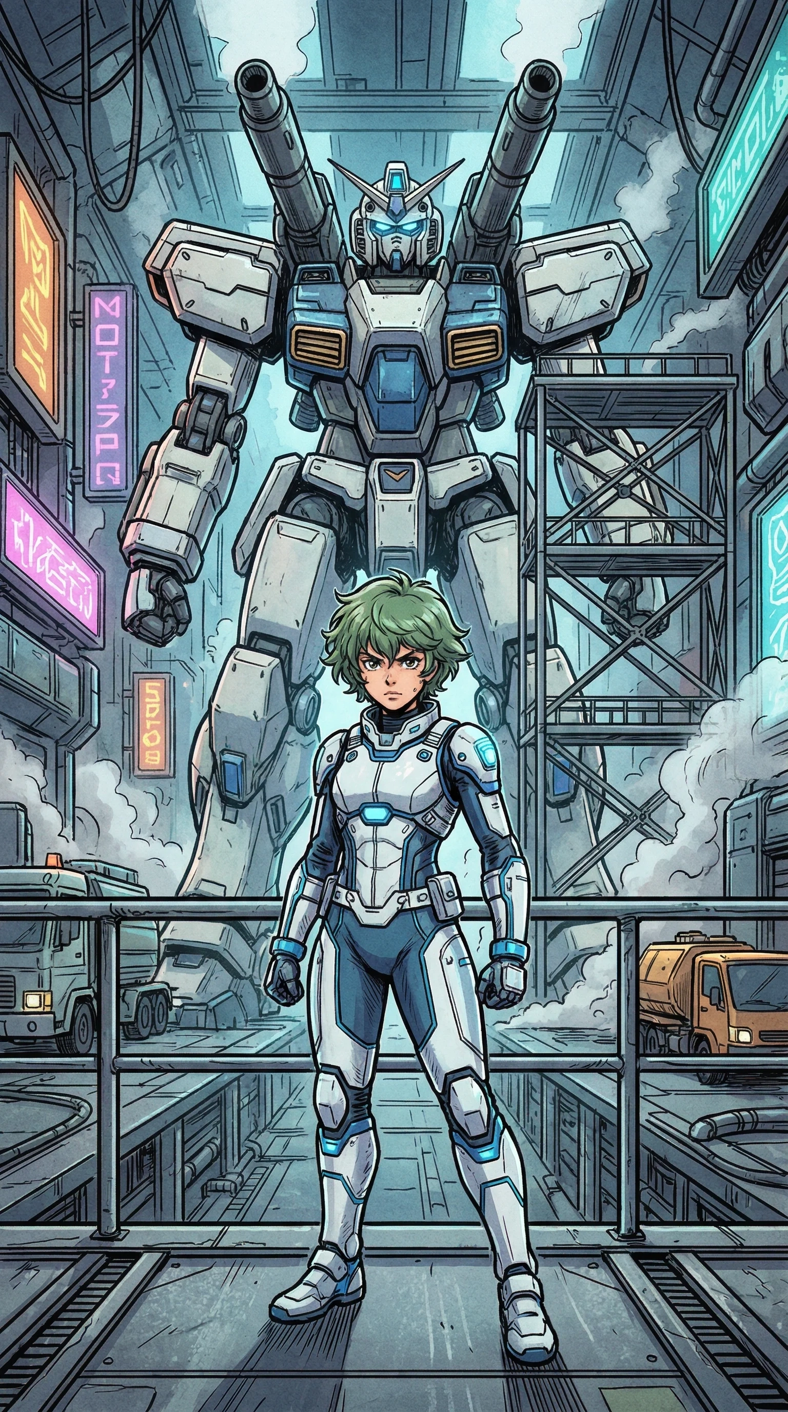 机甲战纪漫画封面绿发少年机甲驾驶员科幻机库